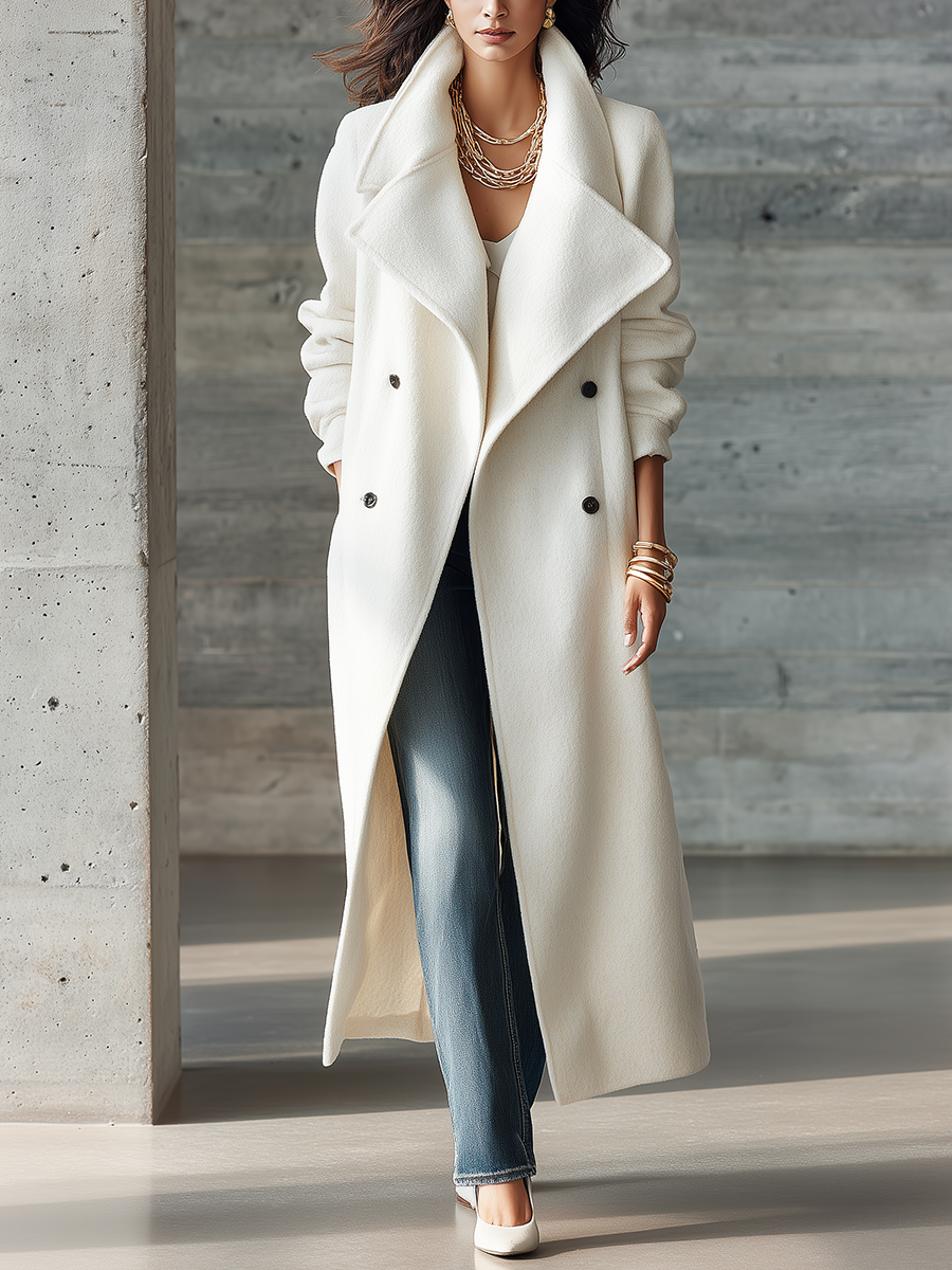 Elegant Ivory Oversized Lapel Maxi Coat