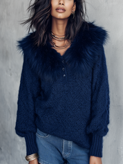 Luxe Navy Textured Knit Faux Fur Collar V-Neck Sweater