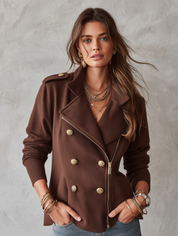 Modern Military Wool-Blend Tailored Chocolate Brown Zip Jacket