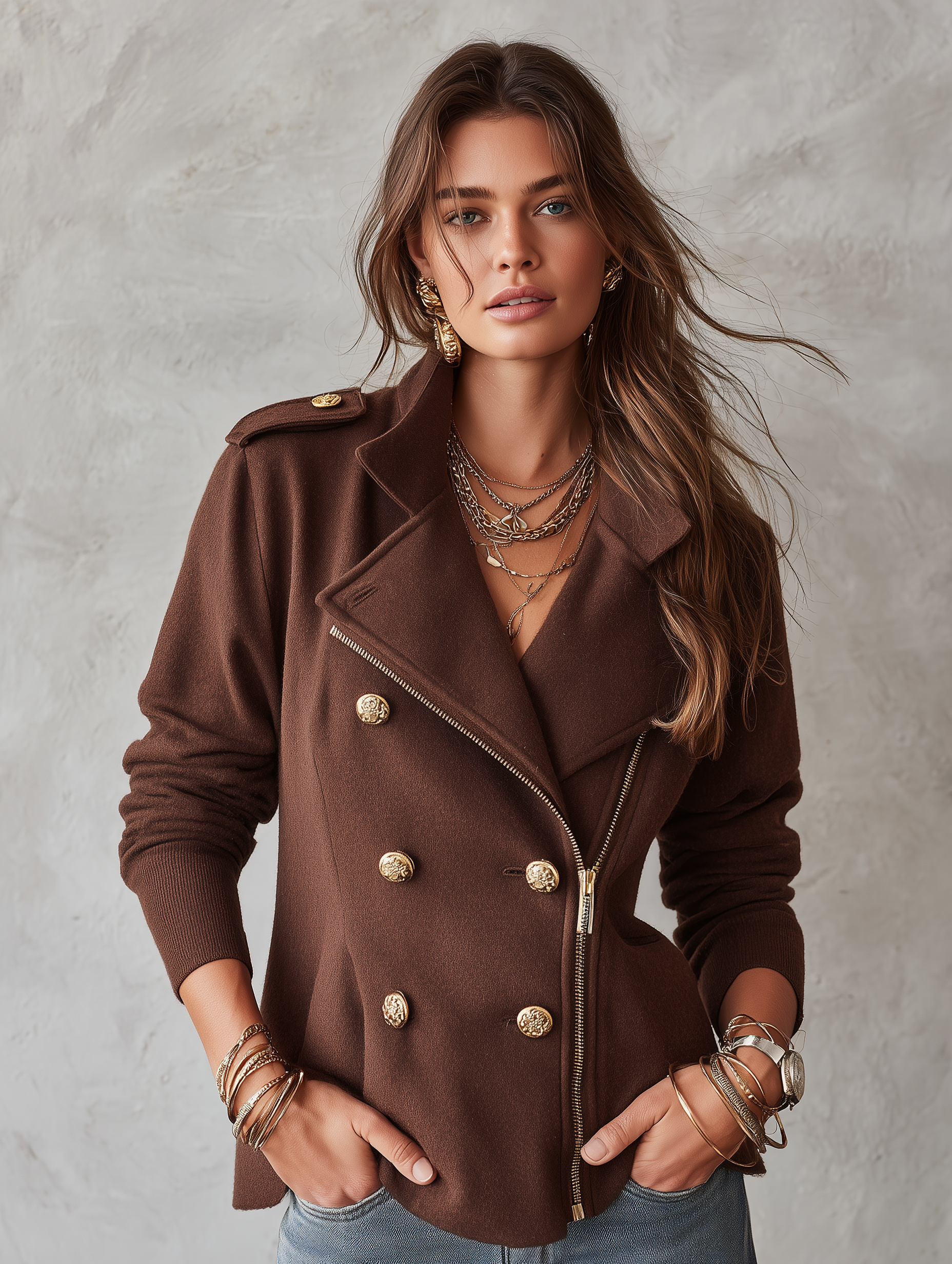 Modern Military Wool-Blend Tailored Chocolate Brown Zip Jacket