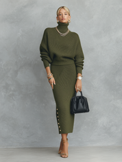 Quiet Luxury Olive Green Ribbed Knit Slim-Fit Midi Skirt And Turtleneck Sweater Set