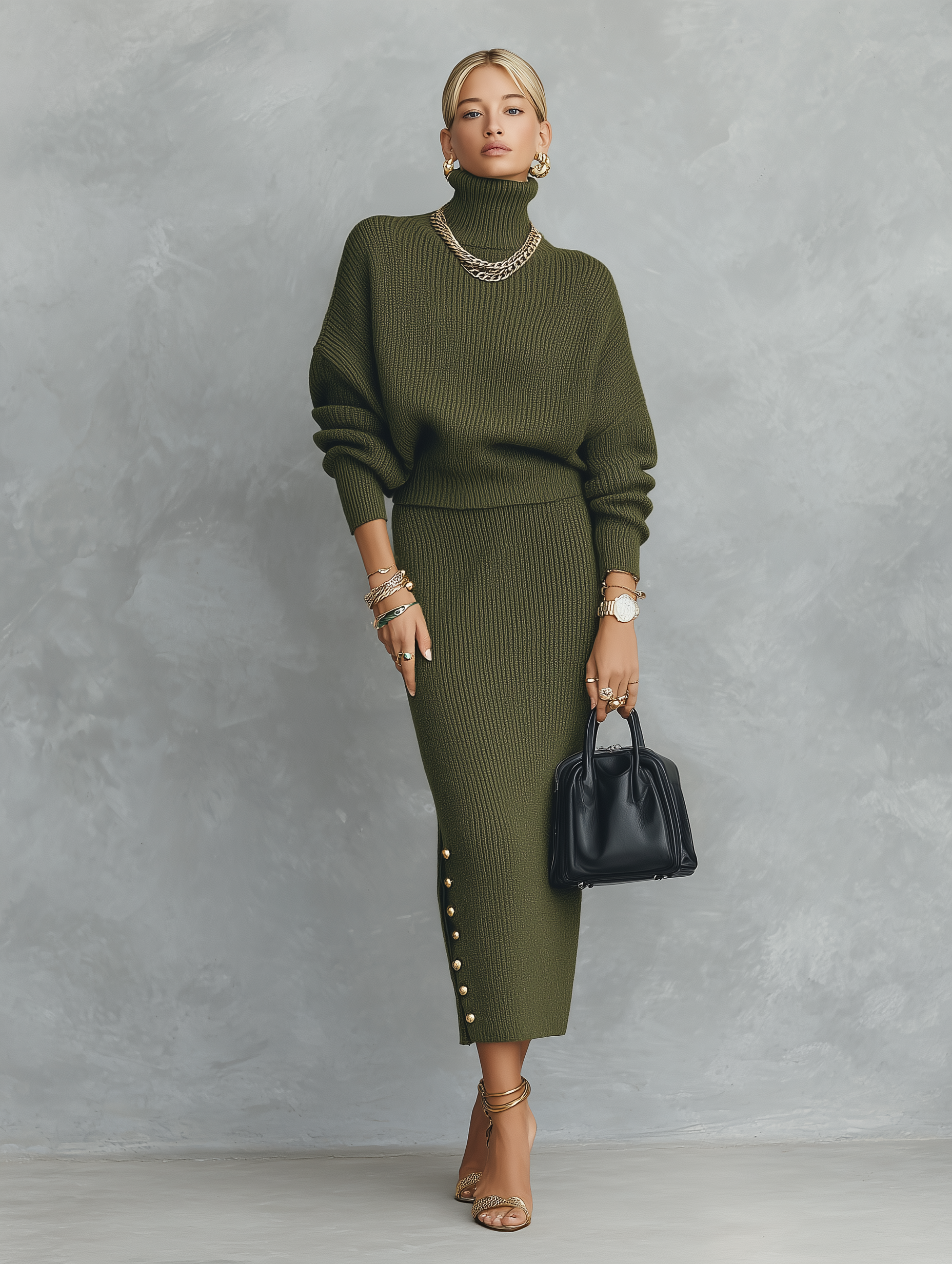 Quiet Luxury Olive Green Ribbed Knit Slim-Fit Midi Skirt And Turtleneck Sweater Set