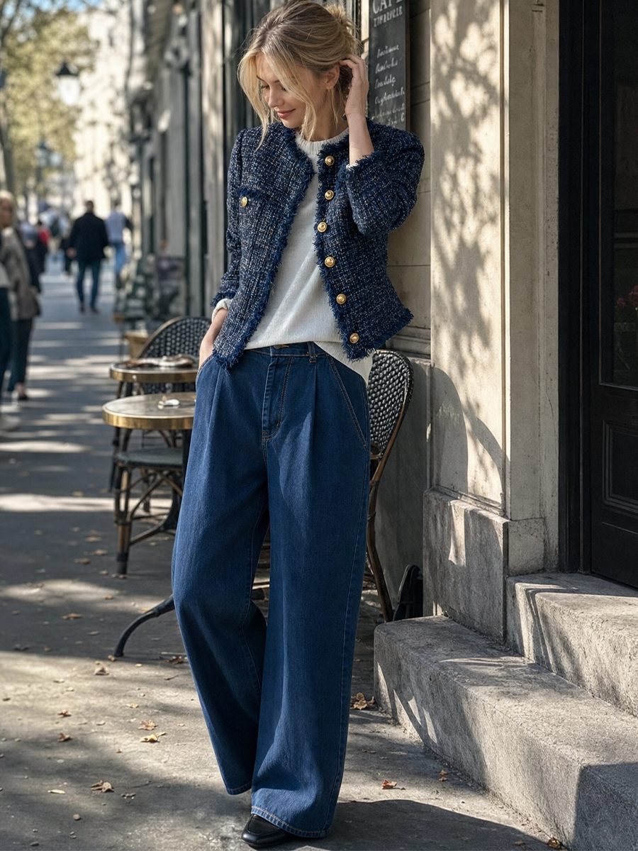 Parisian Chic Navy Tweed Fringe Jacket