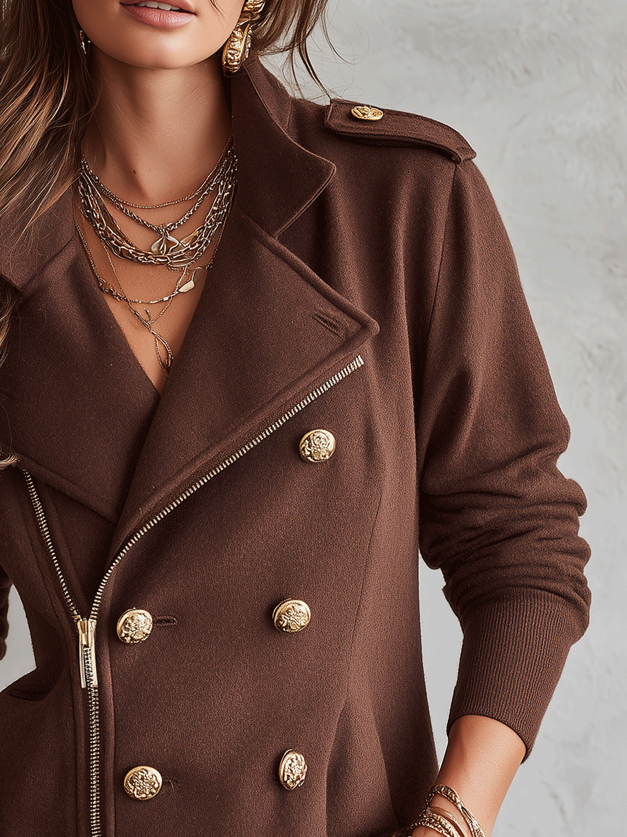 Modern Military Wool-Blend Tailored Chocolate Brown Zip Jacket