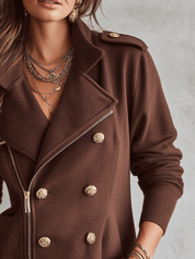 Modern Military Wool-Blend Tailored Chocolate Brown Zip Jacket
