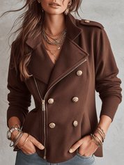 Modern Military Wool-Blend Tailored Chocolate Brown Zip Jacket