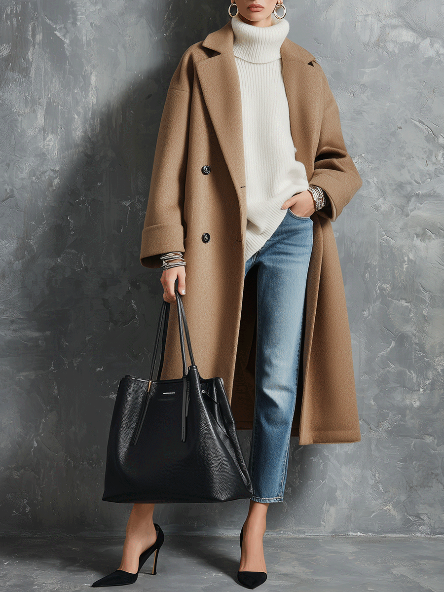 Quiet Luxury Wool-Blend Relaxed Camel Double-Breasted Coat