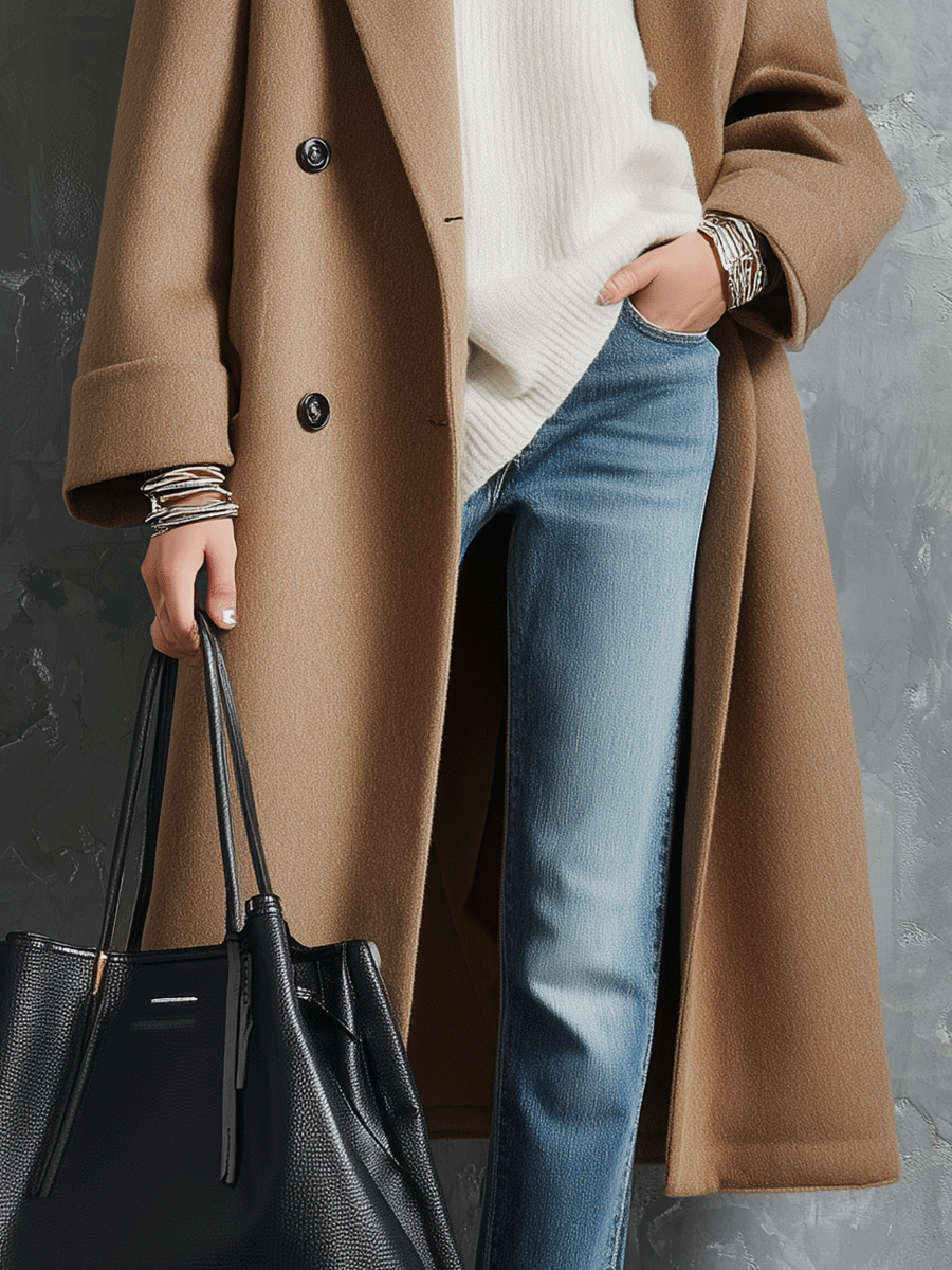 Quiet Luxury Wool-Blend Relaxed Camel Double-Breasted Coat