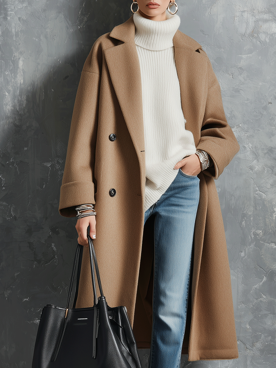 Quiet Luxury Wool-Blend Relaxed Camel Double-Breasted Coat