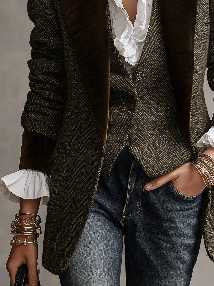 Women's Herringbone Wool Velvet Peak Lapel Blazer