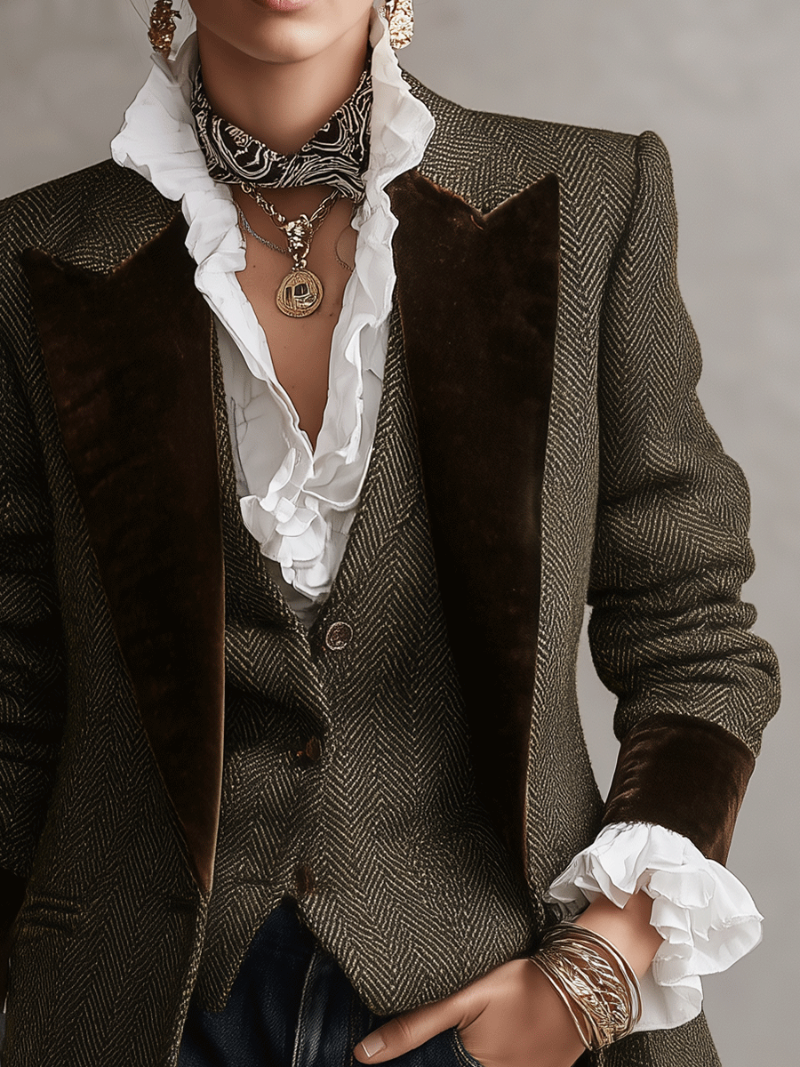 Women's Herringbone Wool Velvet Peak Lapel Blazer