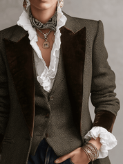 Women's Herringbone Wool Velvet Peak Lapel Blazer