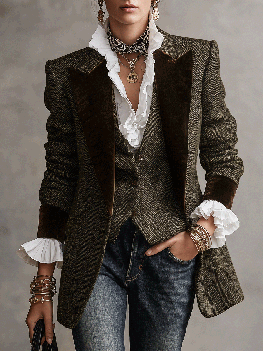 Women's Herringbone Wool Velvet Peak Lapel Blazer
