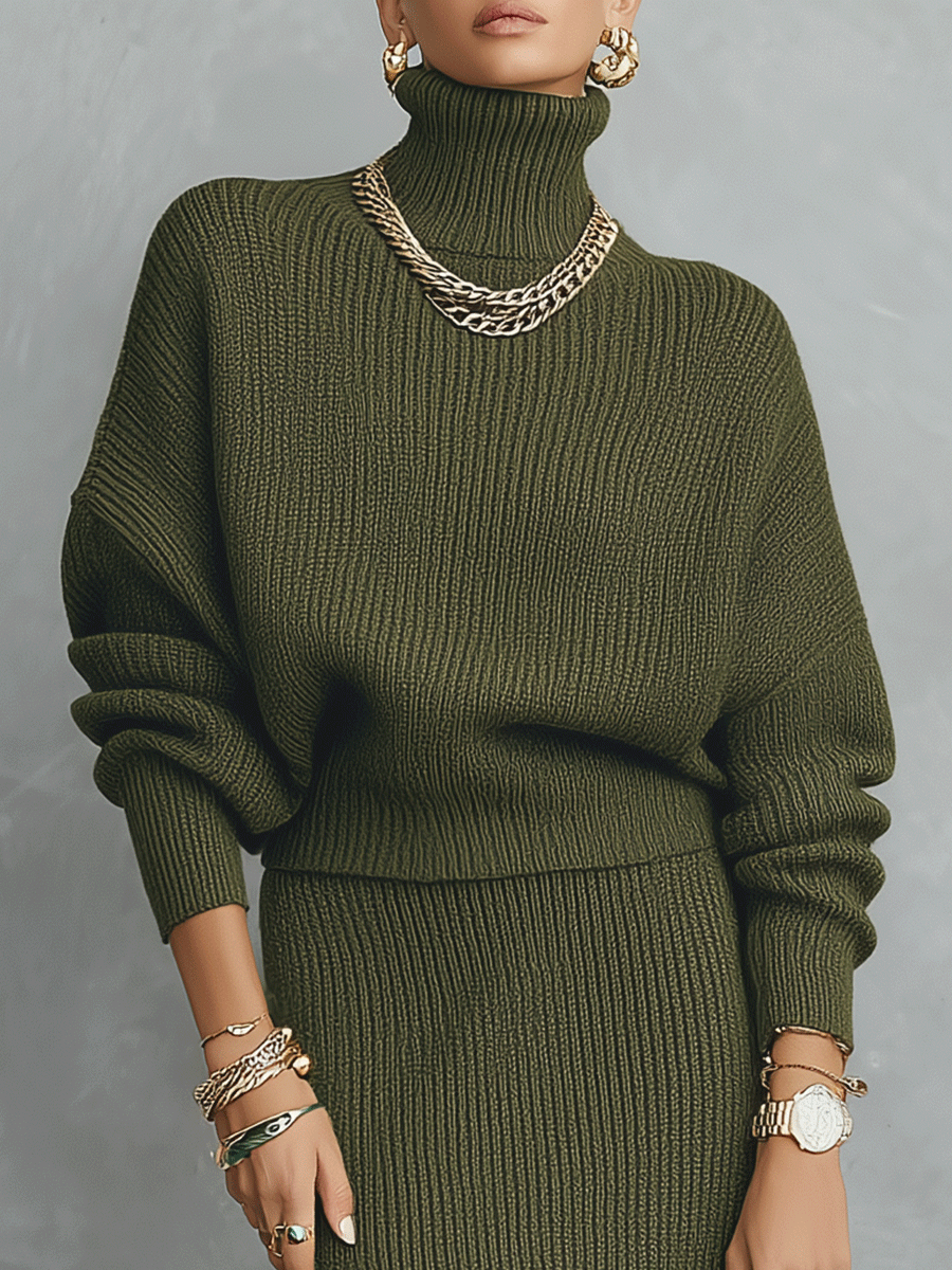 Quiet Luxury Olive Green Ribbed Knit Slim-Fit Midi Skirt And Turtleneck Sweater Set