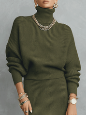 Quiet Luxury Olive Green Ribbed Knit Slim-Fit Midi Skirt And Turtleneck Sweater Set