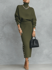 Quiet Luxury Olive Green Ribbed Knit Slim-Fit Midi Skirt And Turtleneck Sweater Set