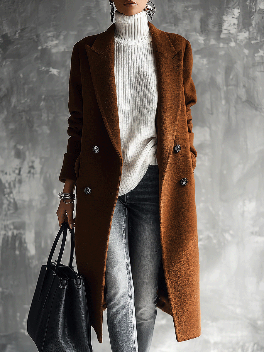 Quiet Luxury Wool-Blend Tailored Cognac Brown Double-Breasted Coat