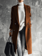 Quiet Luxury Wool-Blend Tailored Cognac Brown Double-Breasted Coat