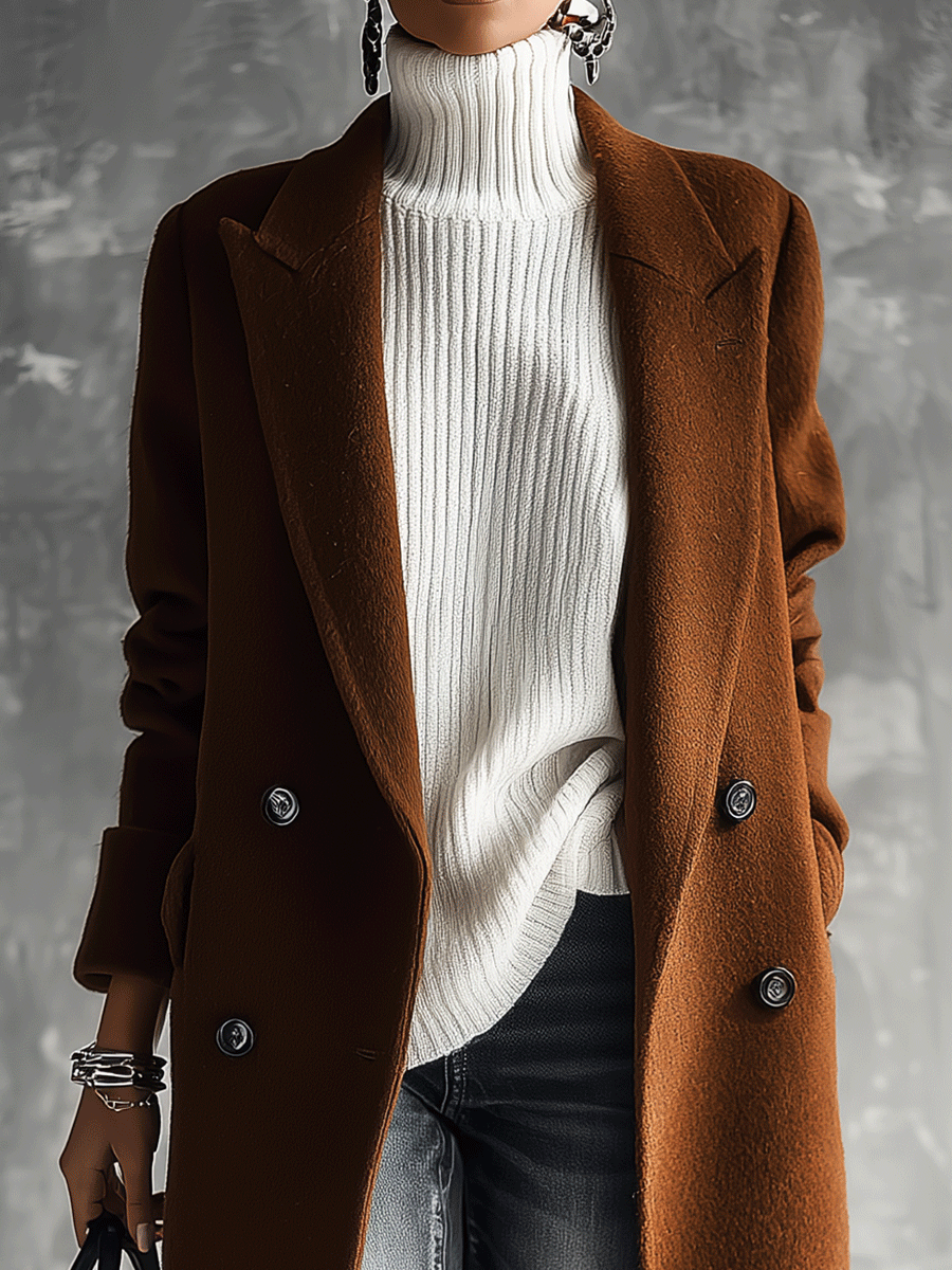 Quiet Luxury Wool-Blend Tailored Cognac Brown Double-Breasted Coat