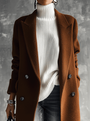 Quiet Luxury Wool-Blend Tailored Cognac Brown Double-Breasted Coat