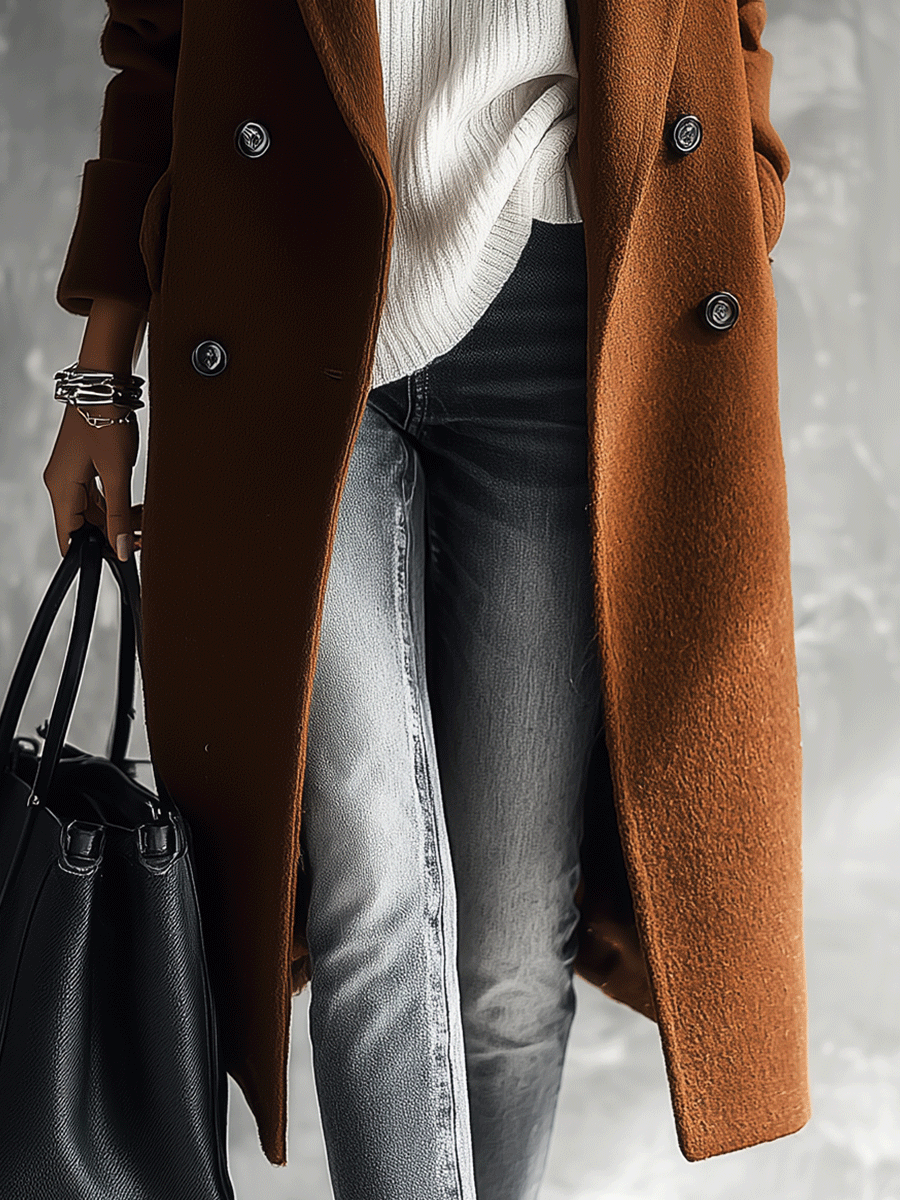 Quiet Luxury Wool-Blend Tailored Cognac Brown Double-Breasted Coat