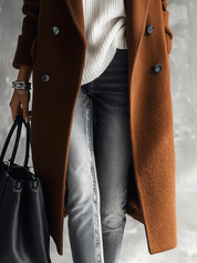 Quiet Luxury Wool-Blend Tailored Cognac Brown Double-Breasted Coat