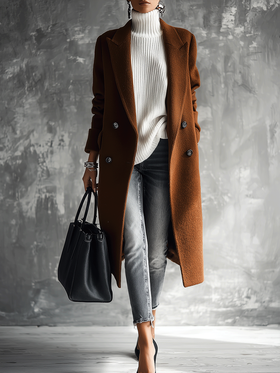 Quiet Luxury Wool-Blend Tailored Cognac Brown Double-Breasted Coat