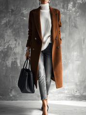 Quiet Luxury Wool-Blend Tailored Cognac Brown Double-Breasted Coat