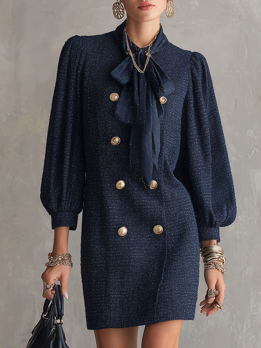Elegant Tweed Structured Deep Navy Puff-Sleeve Mini Dress