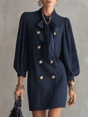 Elegant Tweed Structured Deep Navy Puff-Sleeve Mini Dress