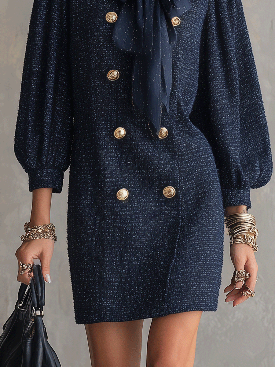 Elegant Tweed Structured Deep Navy Puff-Sleeve Mini Dress