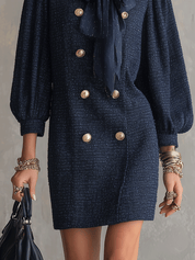 Elegant Tweed Structured Deep Navy Puff-Sleeve Mini Dress