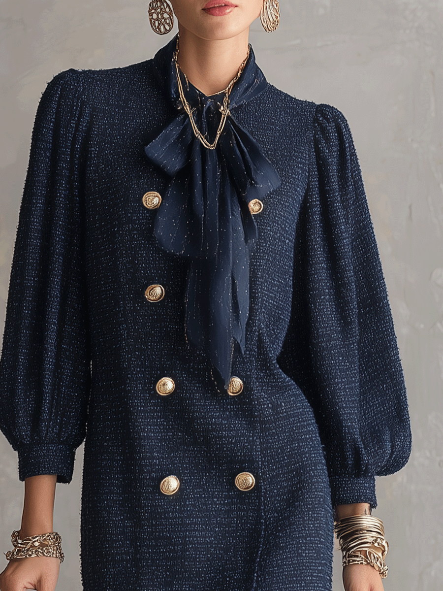 Elegant Tweed Structured Deep Navy Puff-Sleeve Mini Dress