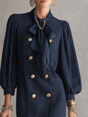 Elegant Tweed Structured Deep Navy Puff-Sleeve Mini Dress