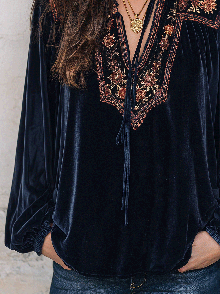 Velvet Floral Embroidered Tassel Tie-Neck Long Sleeve Blouse