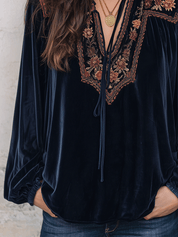 Velvet Floral Embroidered Tassel Tie-Neck Long Sleeve Blouse