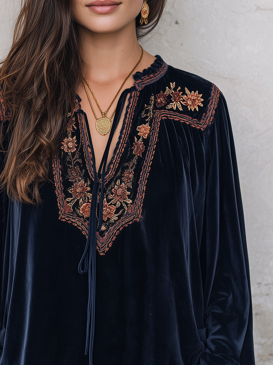 Velvet Floral Embroidered Tassel Tie-Neck Long Sleeve Blouse