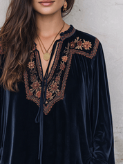 Velvet Floral Embroidered Tassel Tie-Neck Long Sleeve Blouse