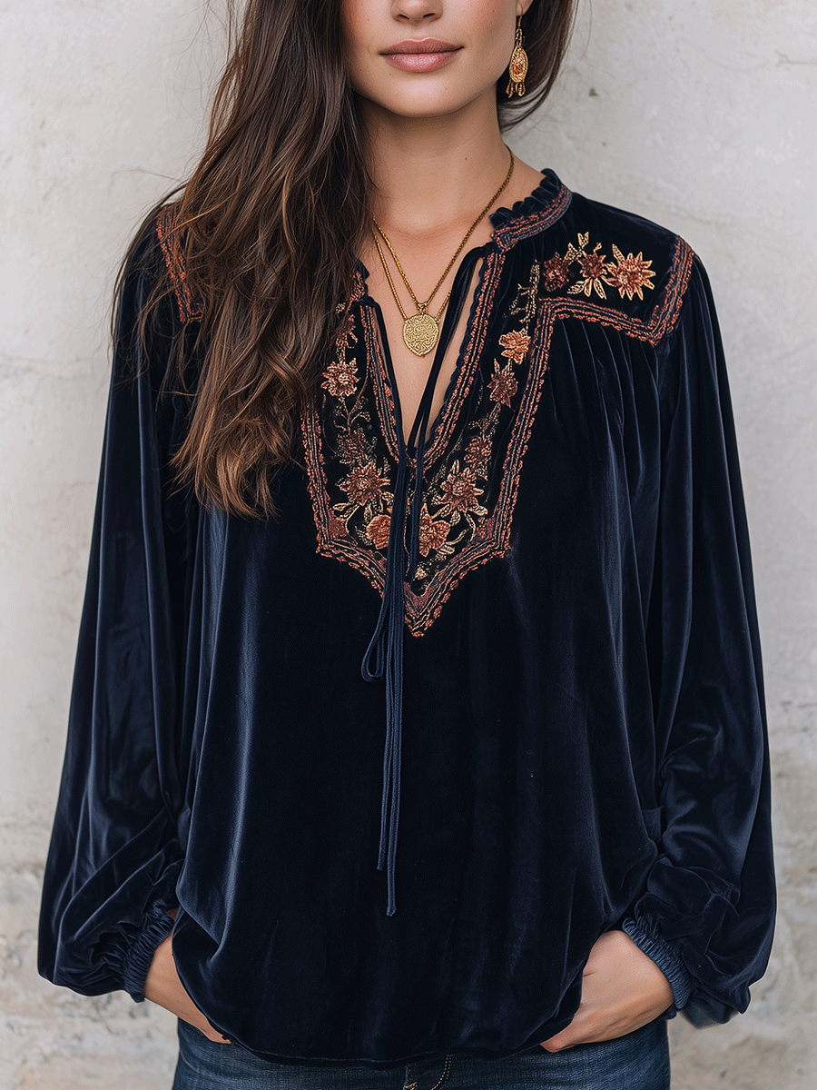 Velvet Floral Embroidered Tassel Tie-Neck Long Sleeve Blouse