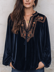 Velvet Floral Embroidered Tassel Tie-Neck Long Sleeve Blouse
