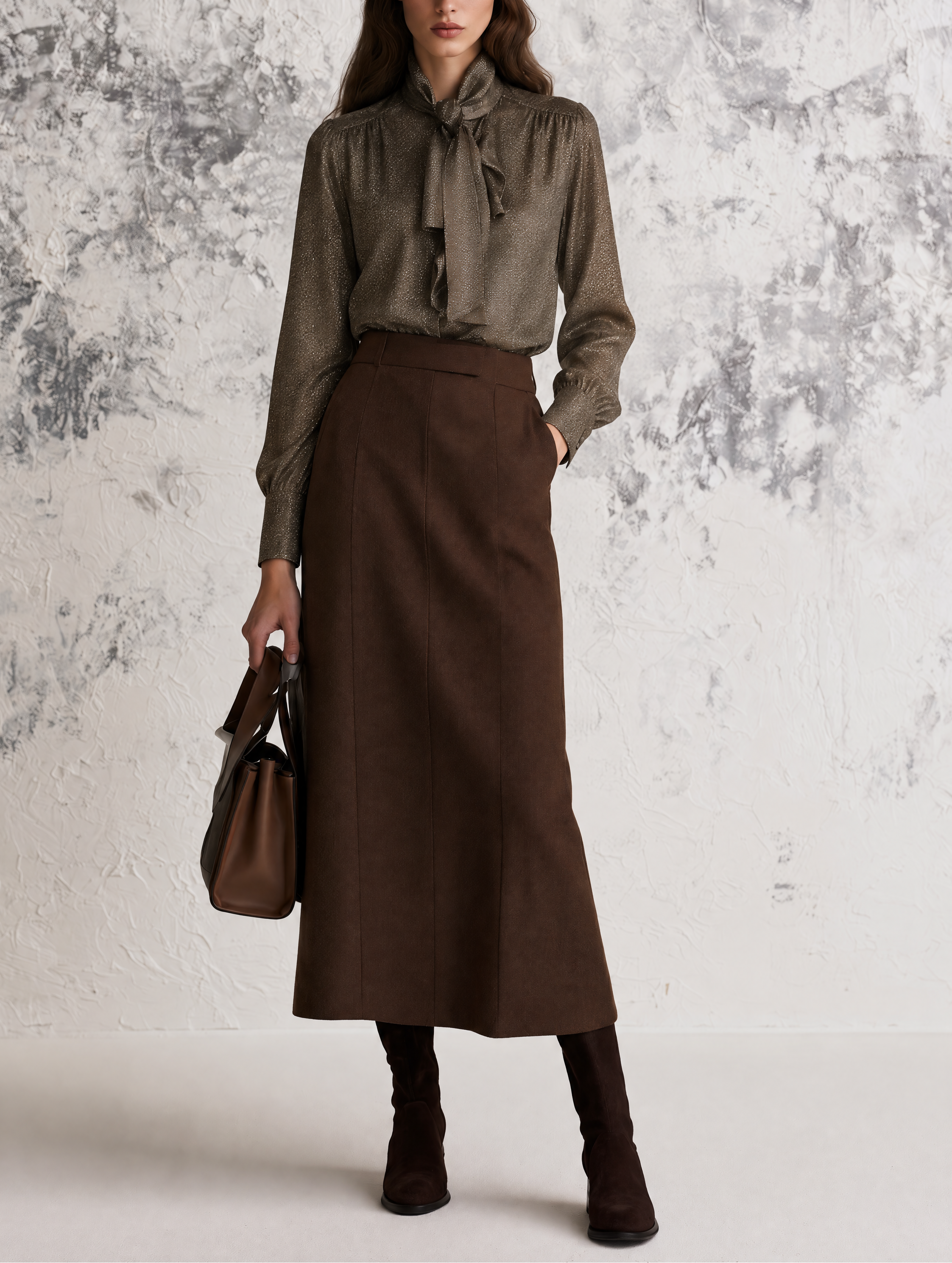 Women's Chocolate Brown High-Waisted A-Line Maxi Skirt And Shirt Suit ...