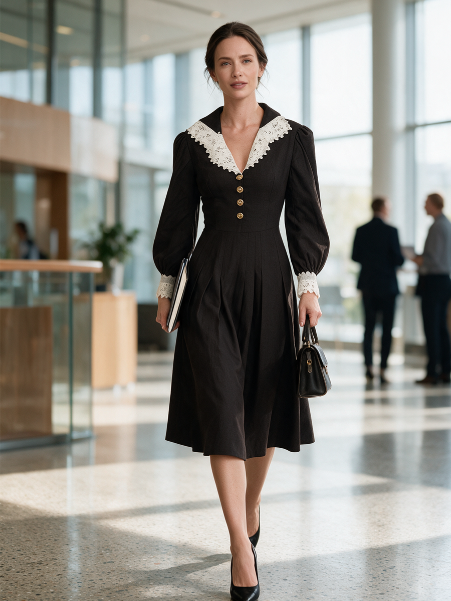 Romantic Black Woven Lace-Collar Puff-Sleeve Midi Dress