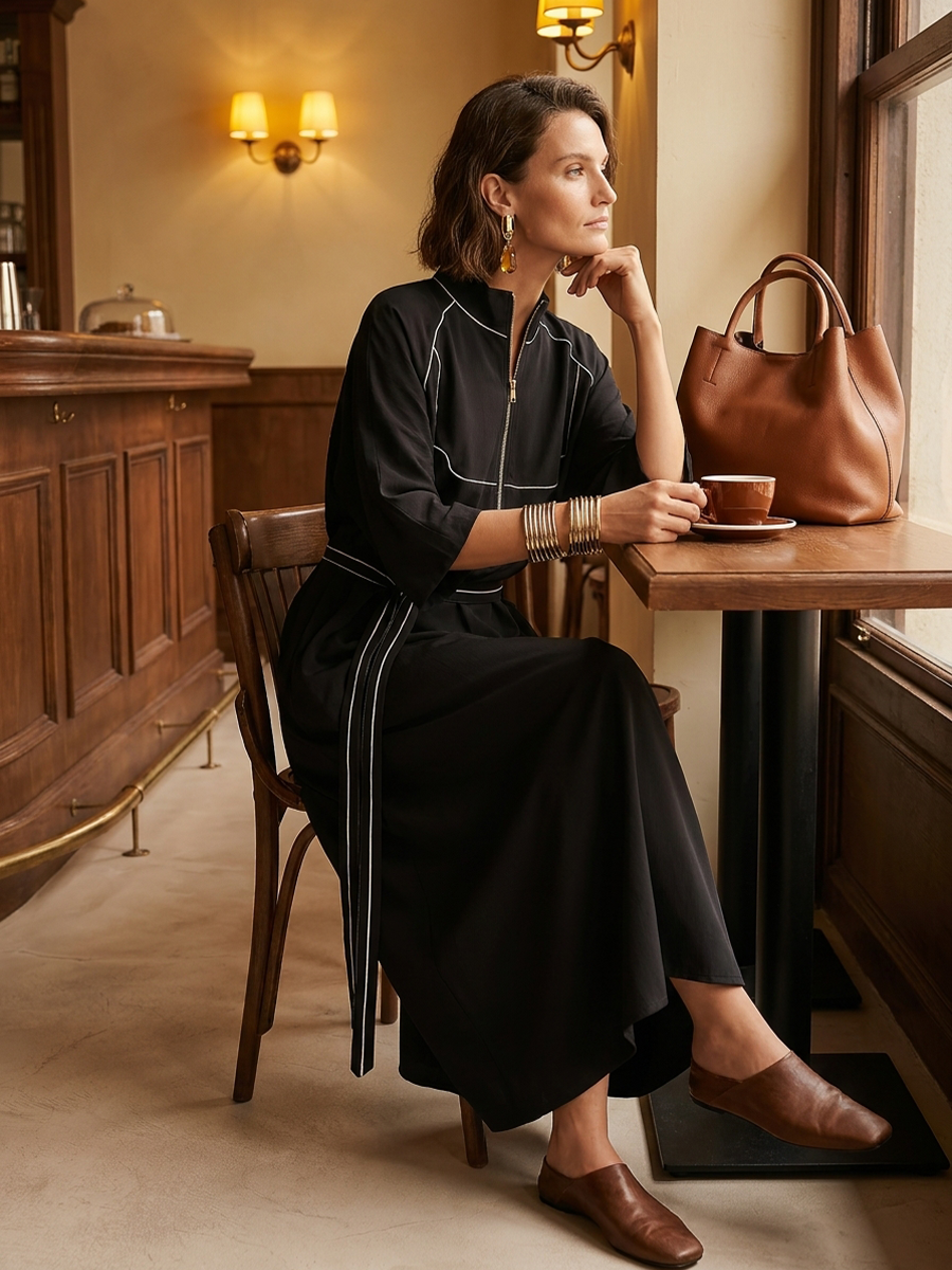 Polished Black Contrast-Piping Belted Maxi Dress
