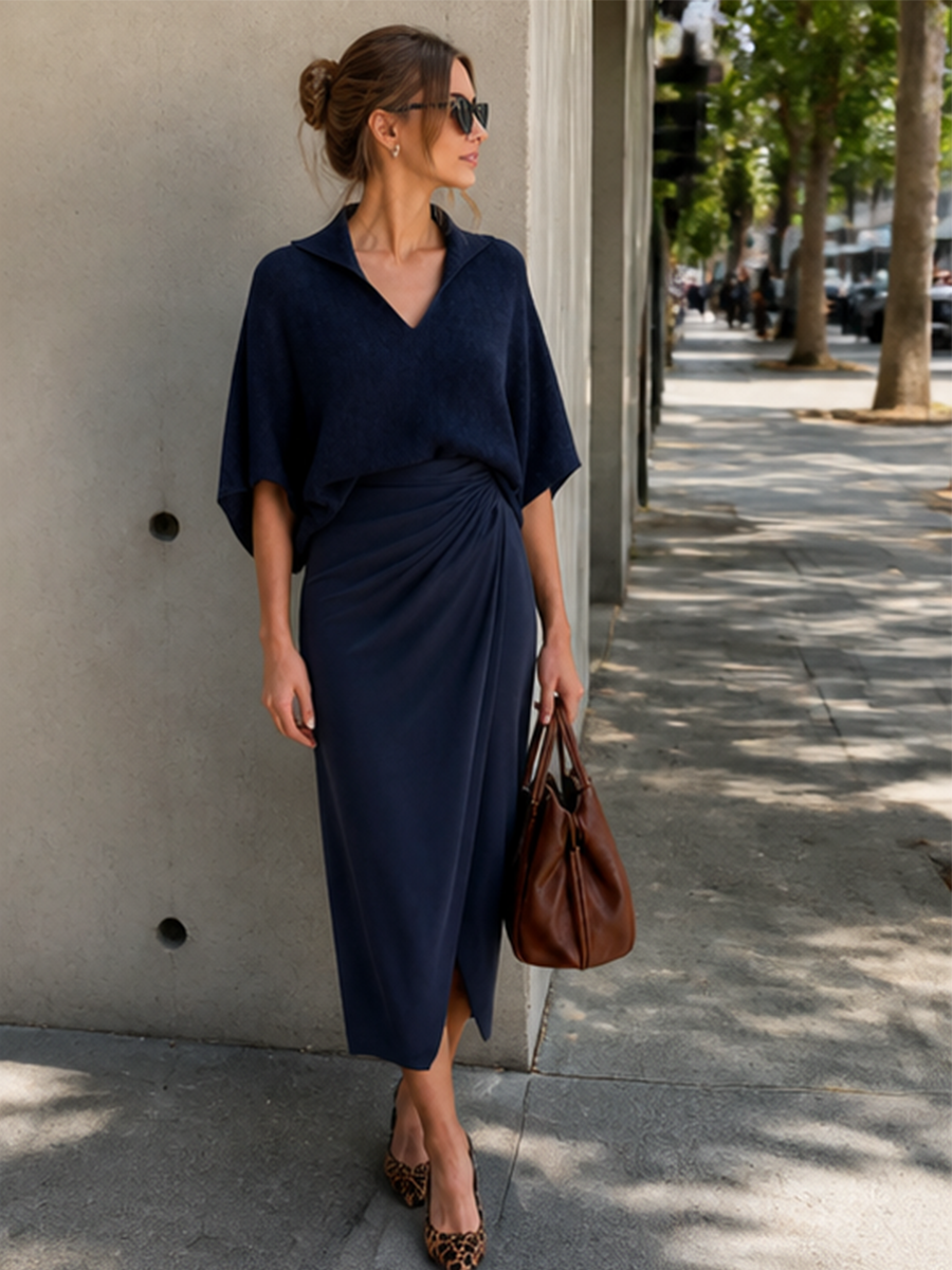 Urban Elegant Polo Knit Top & Wrap Midi Skirt Set