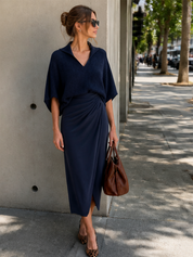 Urban Elegant Polo Knit Top & Wrap Midi Skirt Set