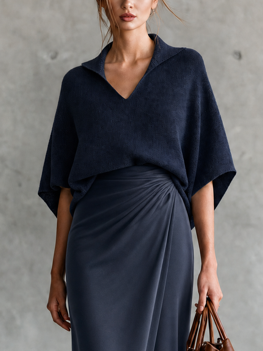 Urban Elegant Polo Knit Top & Wrap Midi Skirt Set