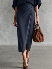 Urban Elegant Polo Knit Top & Wrap Midi Skirt Set