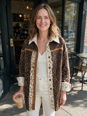 Vintage Brown Leopard Plush Contrast-Trim Longline Jacket