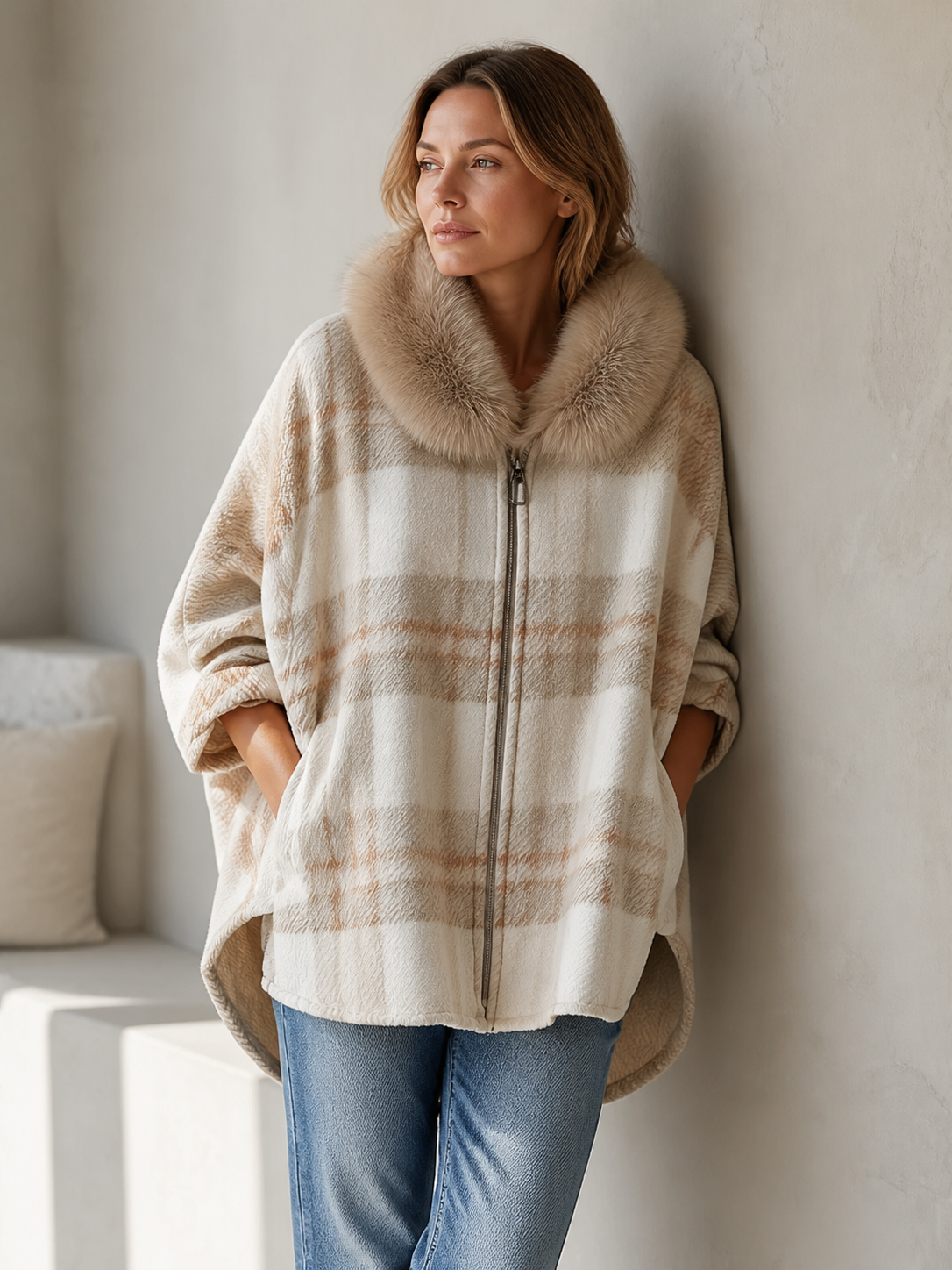 Relaxed Beige Plaid Detachable Faux-Fur Collar Cape Jacket