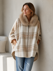 Relaxed Beige Plaid Detachable Faux-Fur Collar Cape Jacket
